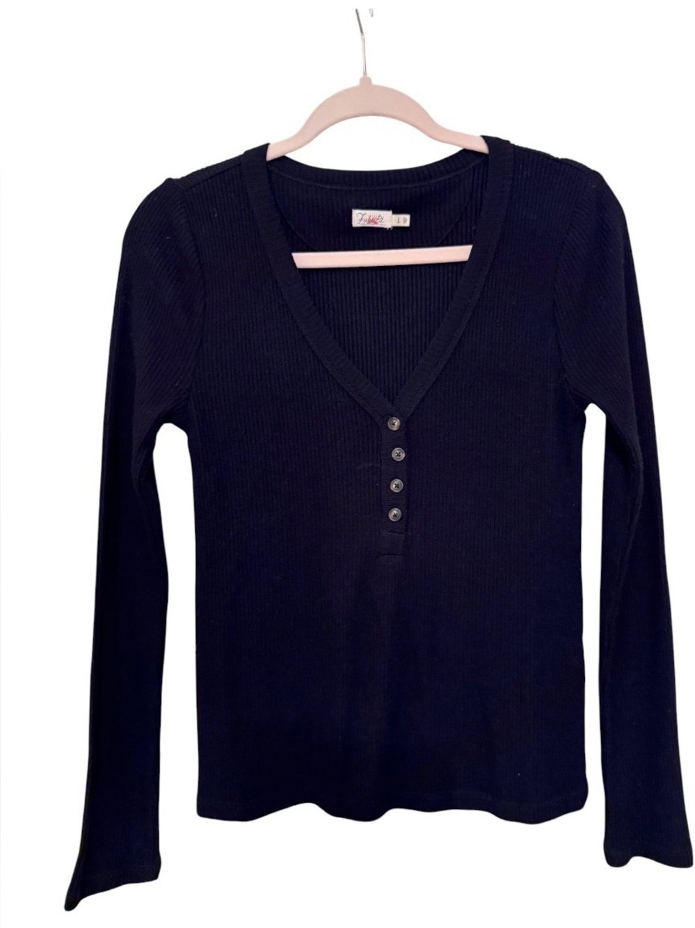 Faherty Black Ribbed Henley V-Neck Long Sleeve Top Women’s Size Small- NWOT